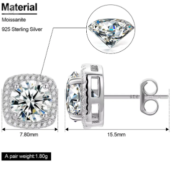 S925 SYNTHETIC MOISSANITE HALO SQUARE STUD EARRINGS BIRTHDAY GIFT FOR MEN WOMEN