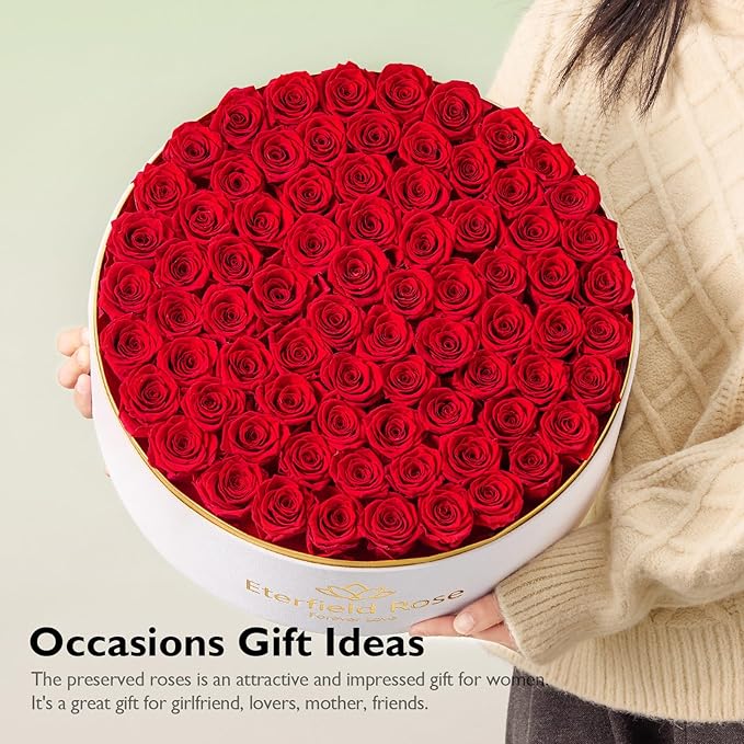 Eterfield 77-Piece Preserved Roses in a Box, Mother's Day Forever Flowers Roses That Last a Year Rose Box Preserved Flowers for Her Mom Women Wife (Red Roses, Round White Suede Box)