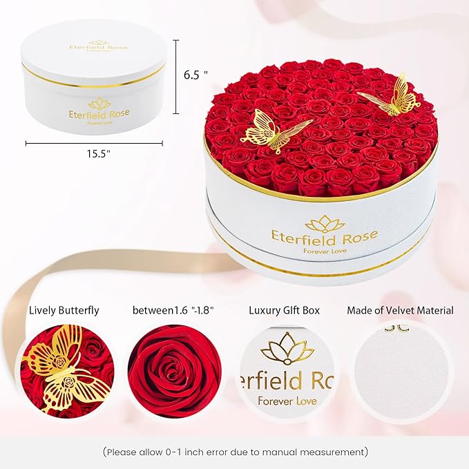 Eterfield 77-Piece Preserved Roses in a Box, Mother's Day Forever Flowers Roses That Last a Year Rose Box Preserved Flowers for Her Mom Women Wife (Red Roses, Round White Suede Box)
