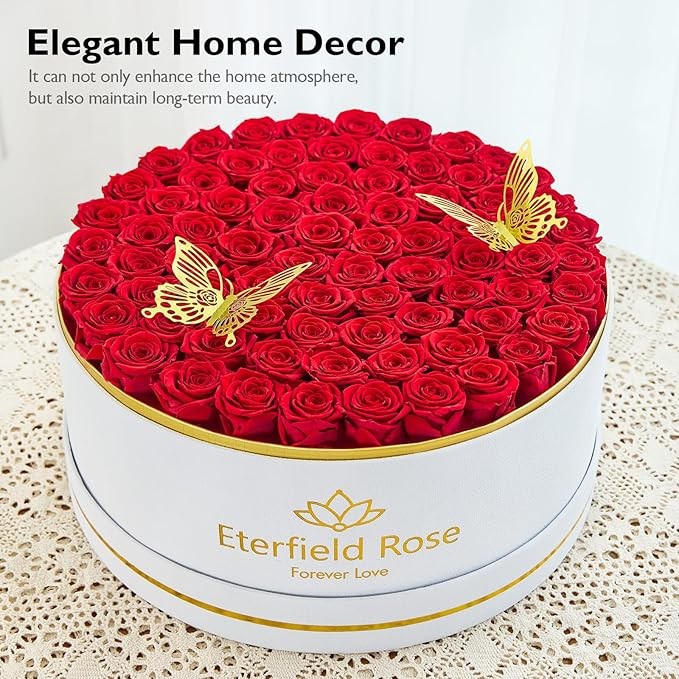 Eterfield 77-Piece Preserved Roses in a Box, Mother's Day Forever Flowers Roses That Last a Year Rose Box Preserved Flowers for Her Mom Women Wife (Red Roses, Round White Suede Box)