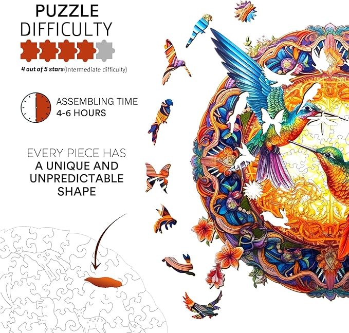 Jigfoxy Wooden Puzzles for Adults, Hummingbird Wooden Jigsaw Puzzles, Unique Animal Shape Puzzles, Christmas Thanksgiving Gifts for Family Friend(S-7.9 * 7.9in-100psc)