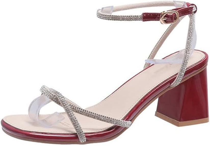 Thick Heels Square Toe High Heels Fairy Rhinestones Sandals Women Chunky Heel Sandals