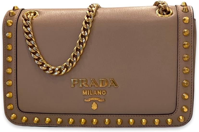 Prada Pattina Glace Calf Leather Cammeo Beige Pattina Studded Handbag