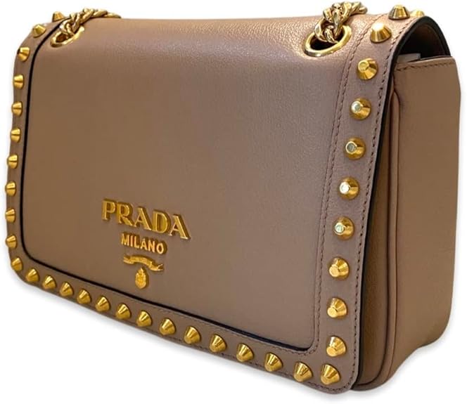 Prada Pattina Glace Calf Leather Cammeo Beige Pattina Studded Handbag