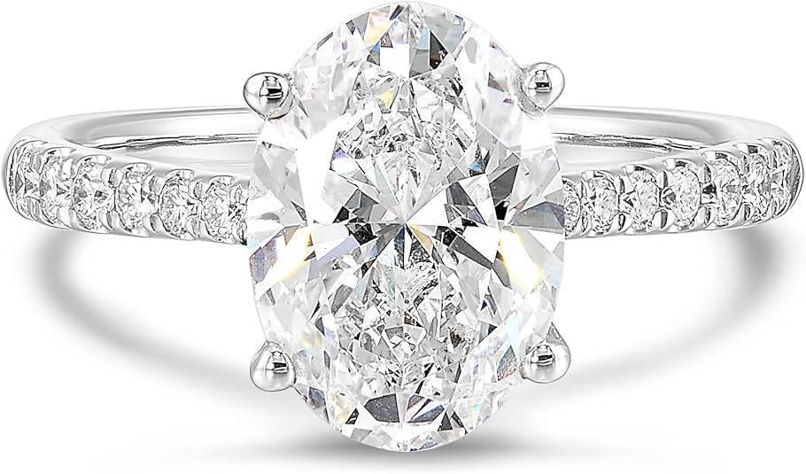 IGI Certified 3 1/4 Carat Oval Lab Grown Diamond Engagement Ring for Women - 14k White Gold Pave Band Ring for Her (G-H, VS1-VS2, 3.29 cttw) Wedding Promise Anniversary Band Size 7