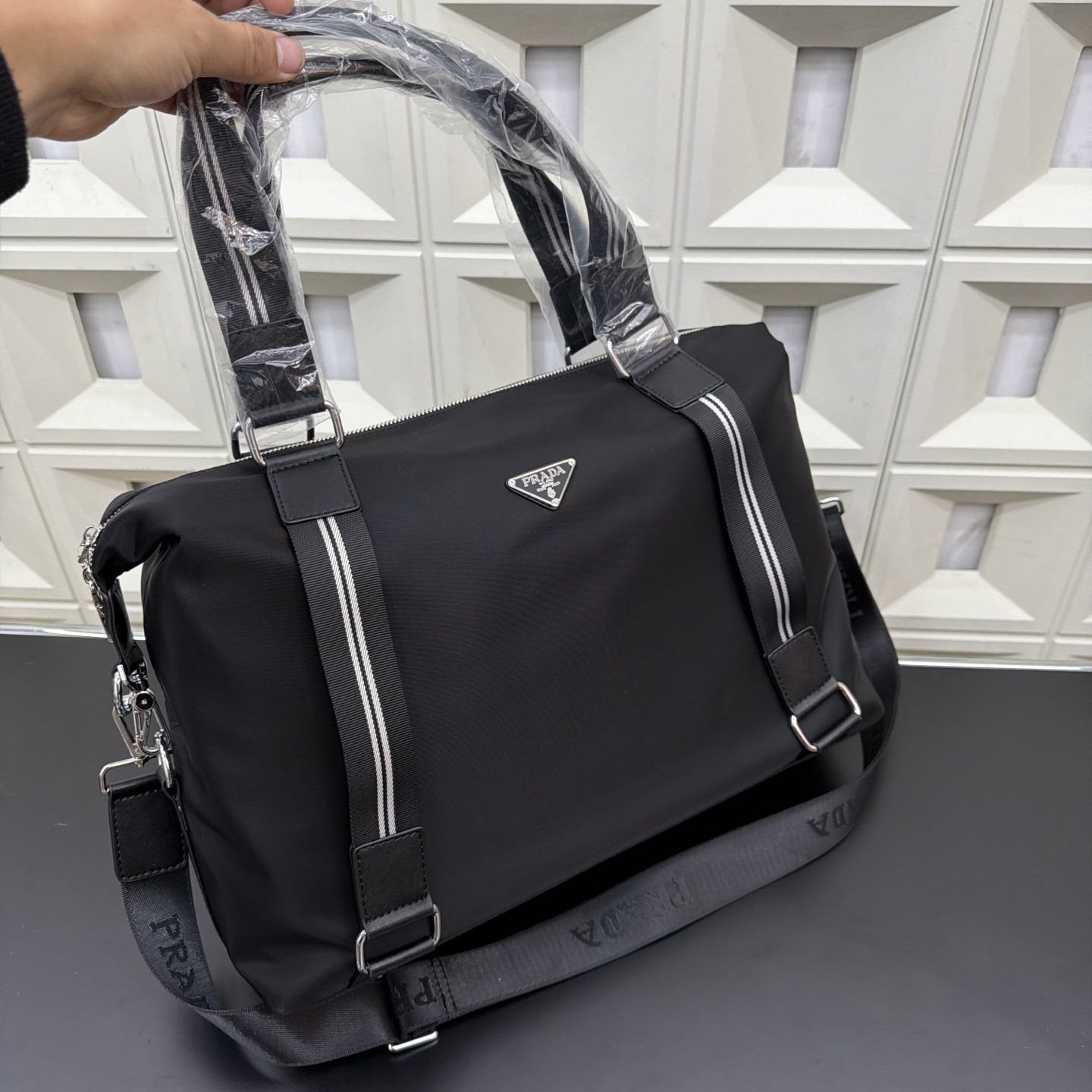 （Prada) Black Nylon Tote Travel Bag