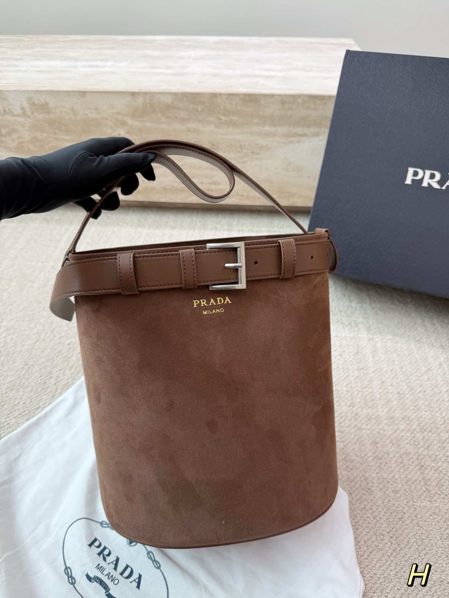 Prada Buckle Suede Bucket Bag