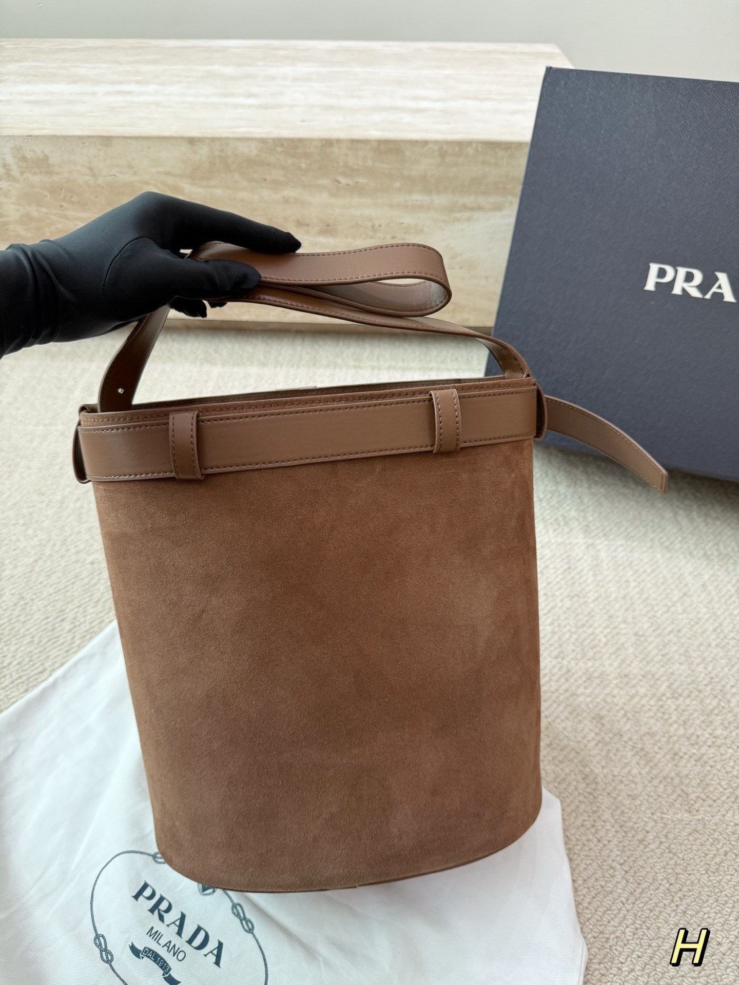 Prada Buckle Suede Bucket Bag