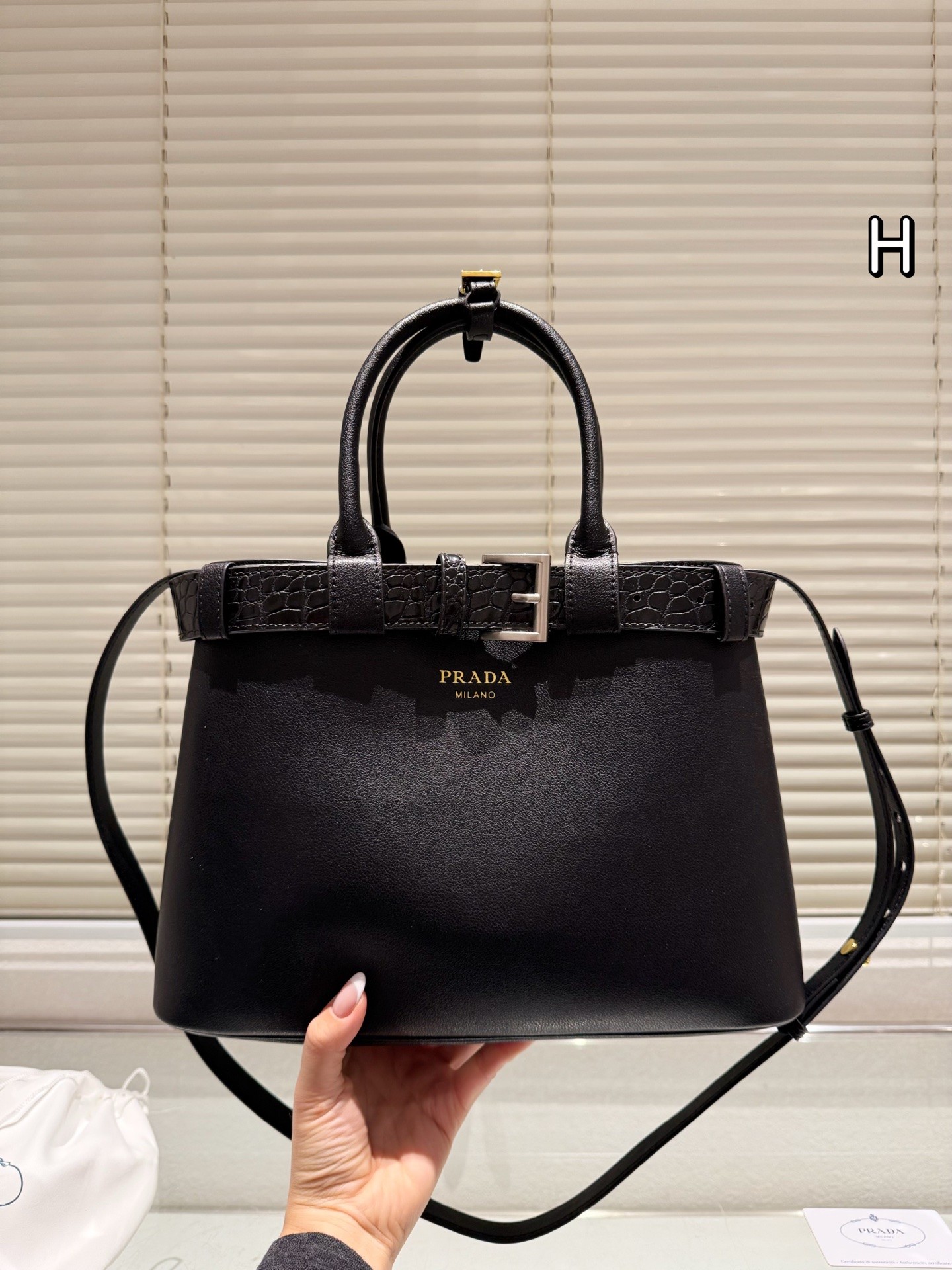 Prada Buckle Leather Tote Bag