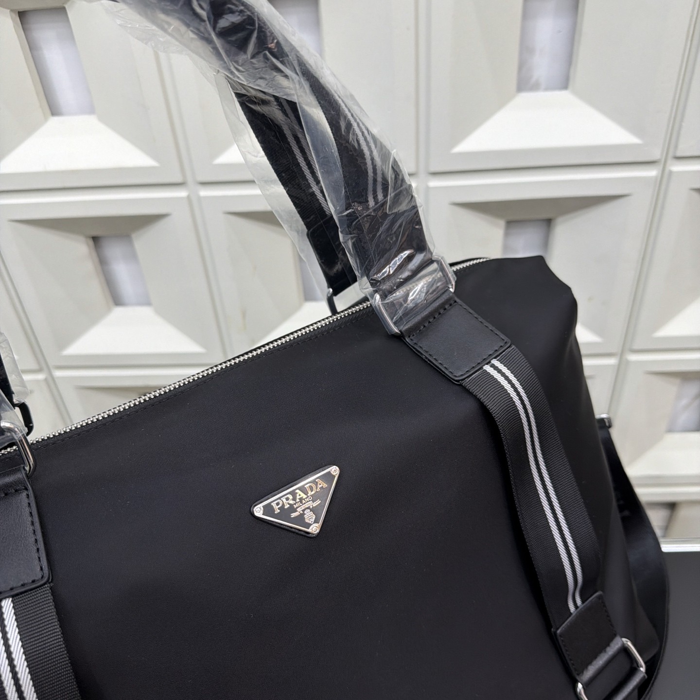 （Prada) Black Nylon Tote Travel Bag