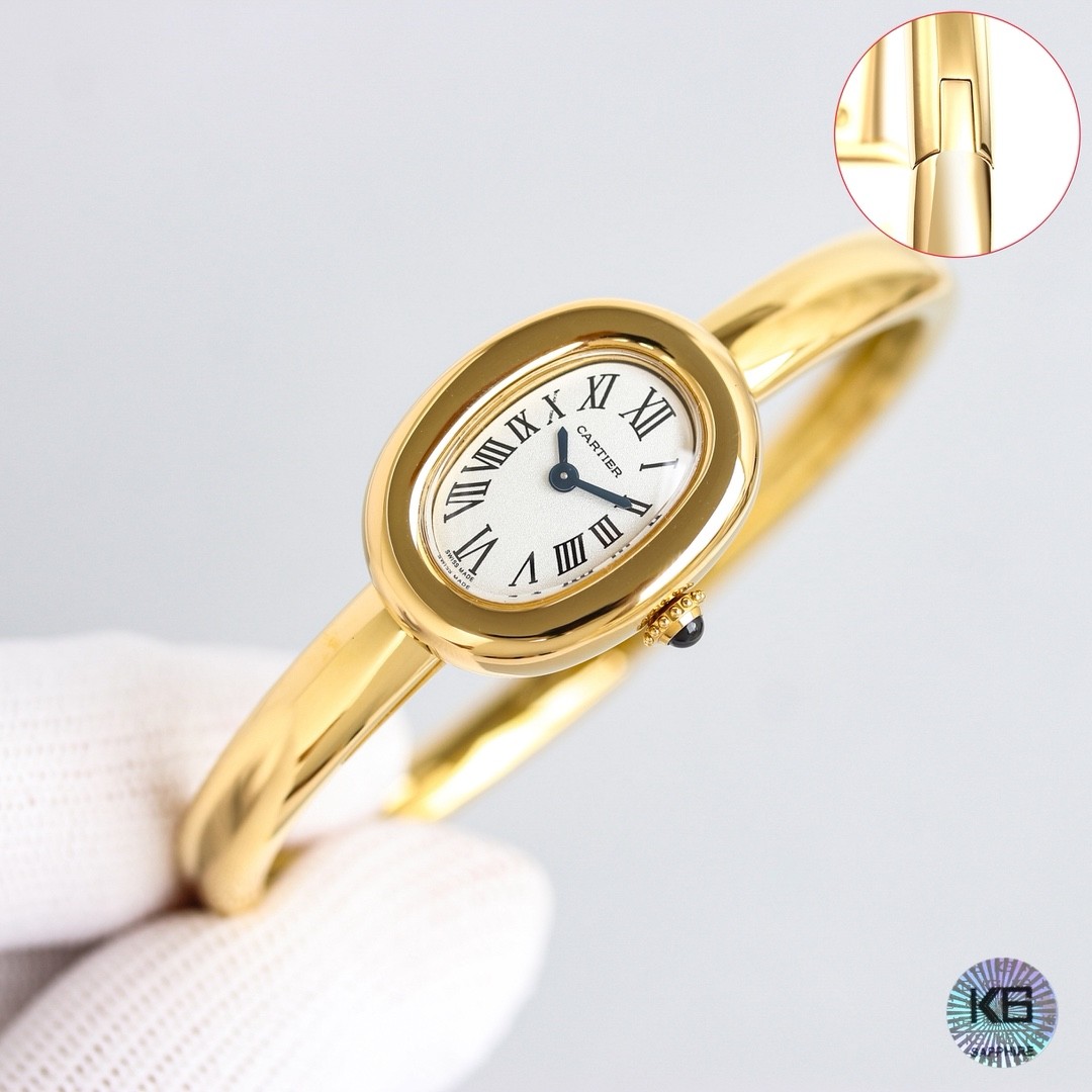 A mini bracelet watch from Cartier’s Baignoire collection.