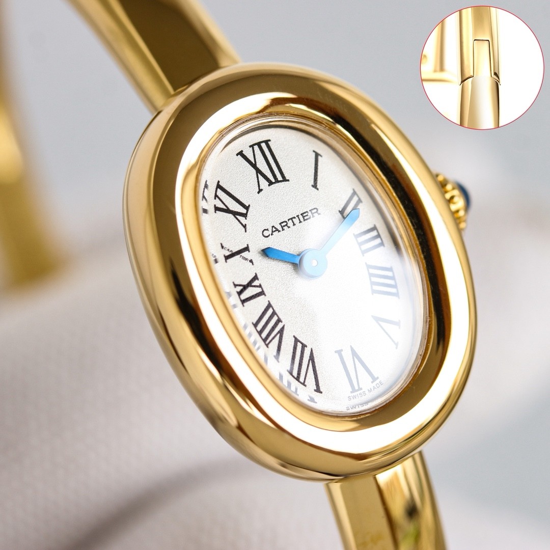 A mini bracelet watch from Cartier’s Baignoire collection.