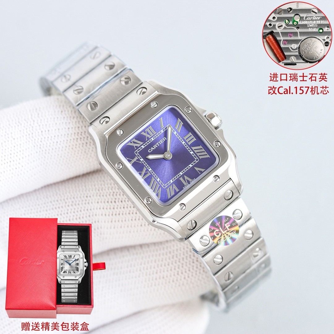 A classic stainless steel watch from the Cartier Santos collection.