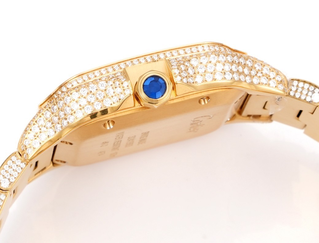 A fully diamond-set (Iced Out) custom edition of the Cartier Santos collection.