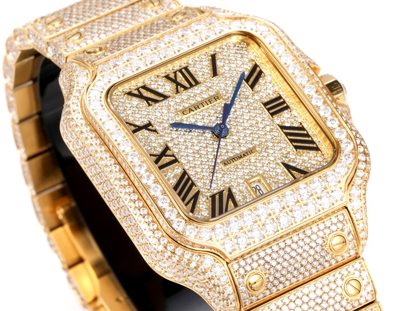 A fully diamond-set (Iced Out) custom edition of the Cartier Santos collection.