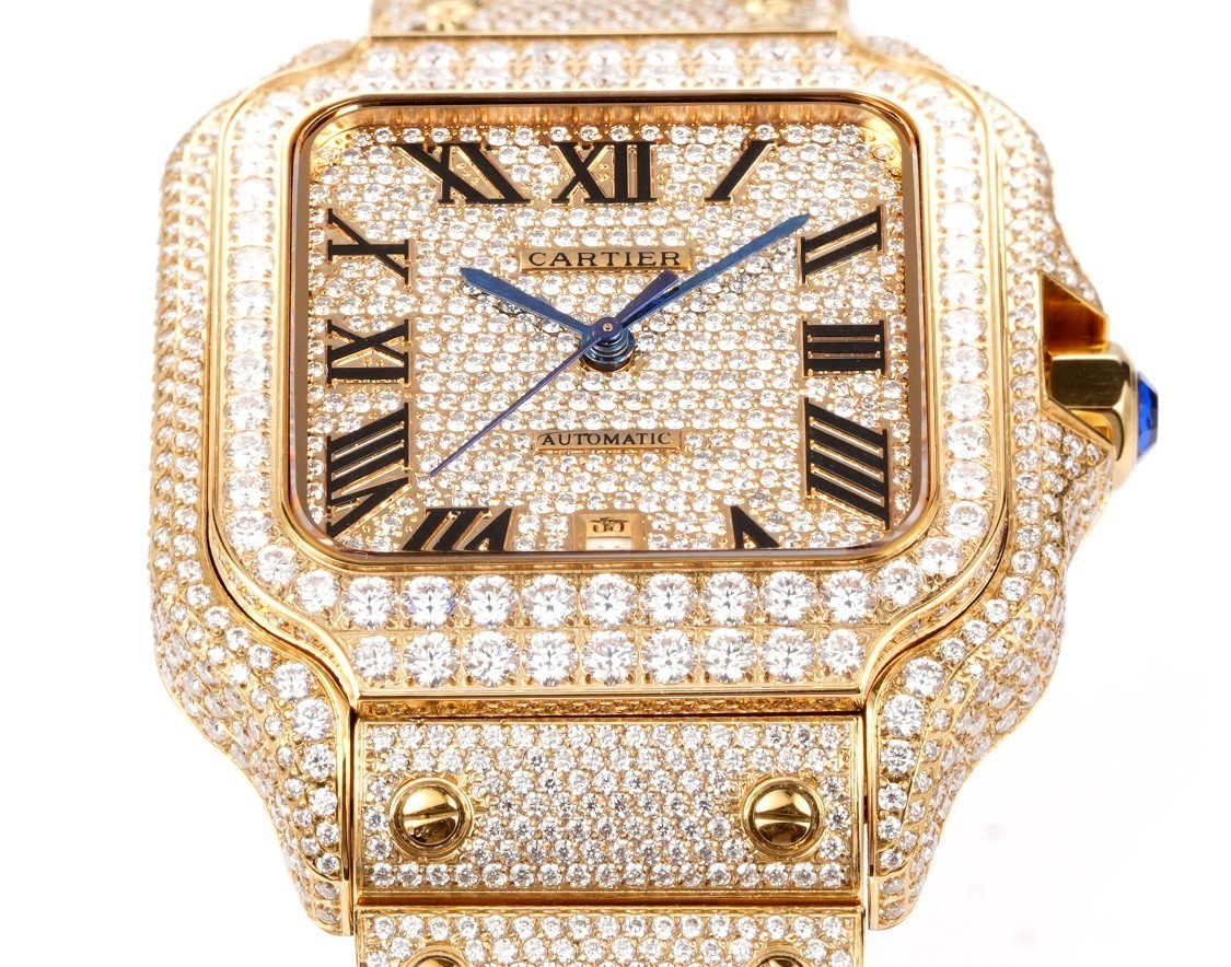 A fully diamond-set (Iced Out) custom edition of the Cartier Santos collection.