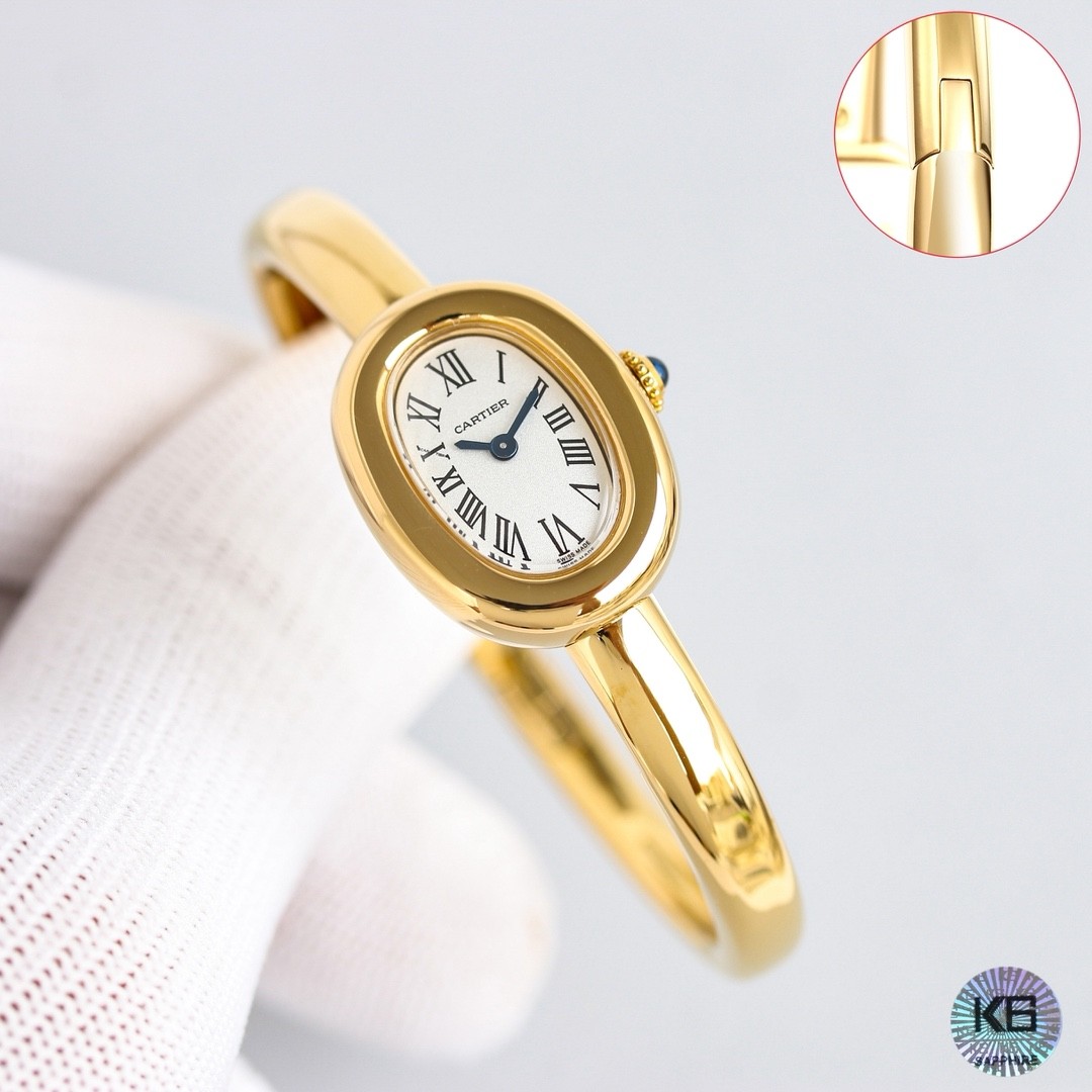 A mini bracelet watch from Cartier’s Baignoire collection.